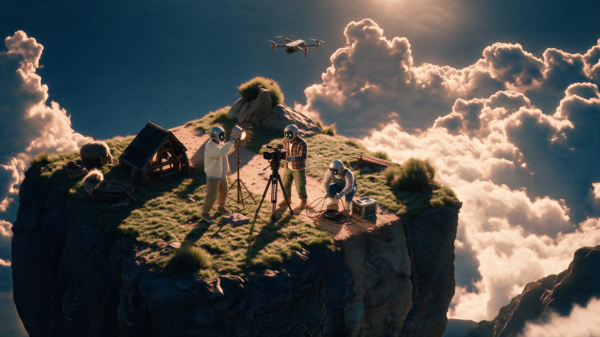 A robot film crew shooting on a cliff edge above a sea of clouds
